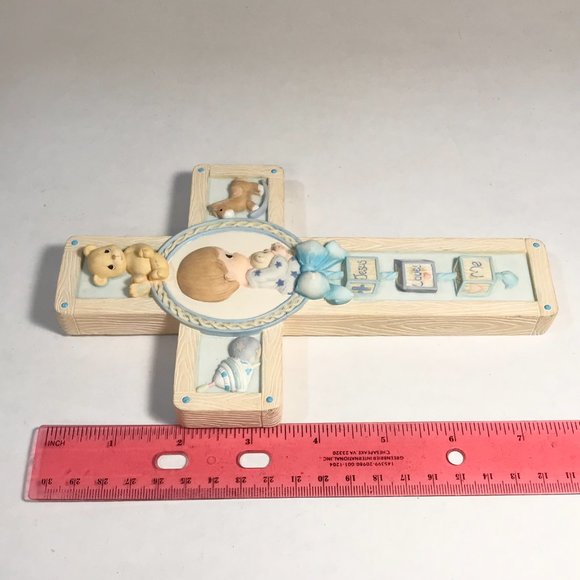 Vintage Baby Boy Cross Jesus Loves Me Precious Moments 8 x 5" Teddy Bear Blue - Picture 16 of 16